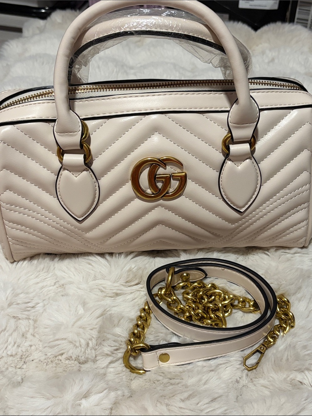 Cream Quilted Top-Handle Satchel with Gold Hardware
